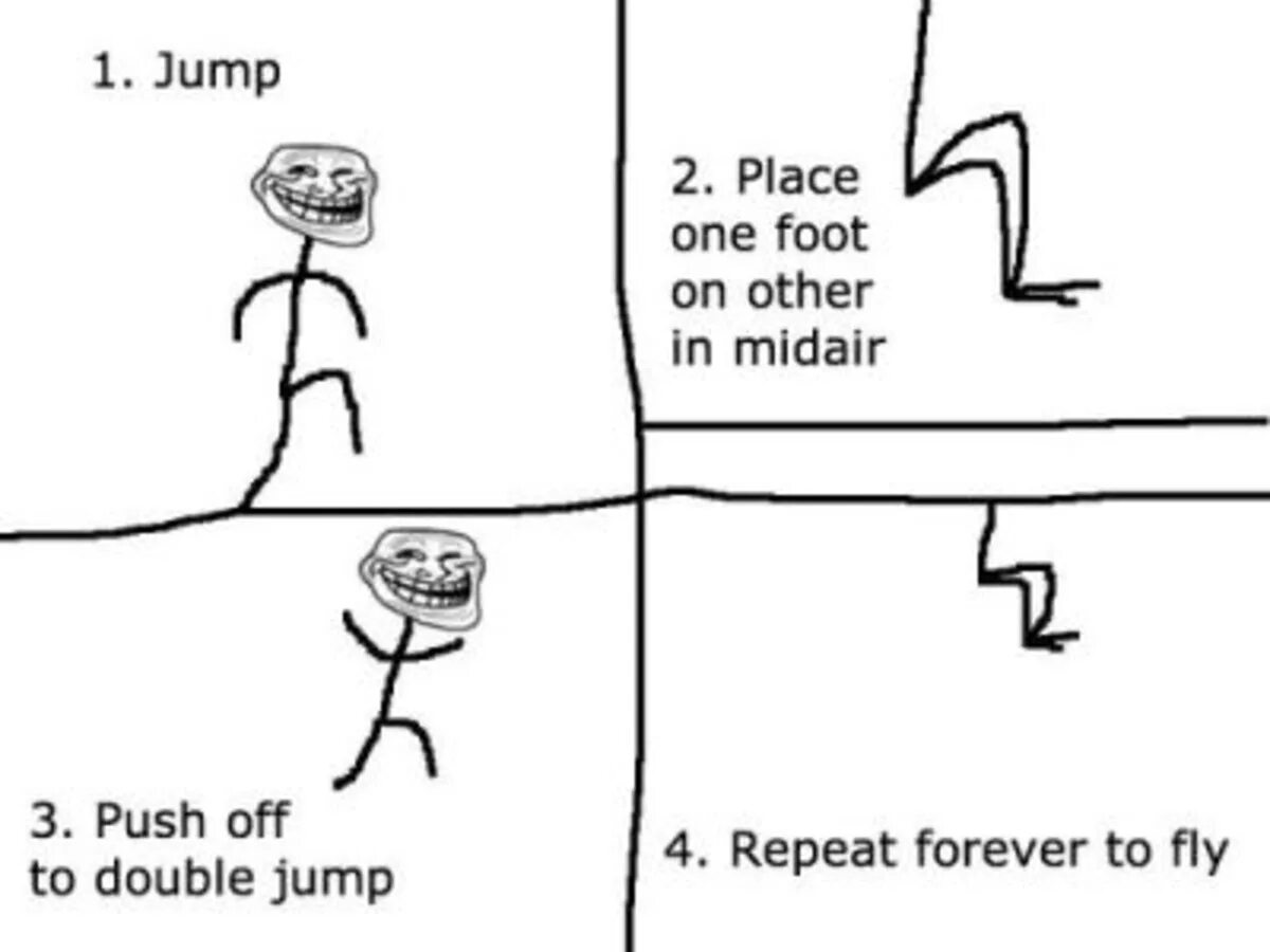 Как сделать двойной прыжок в реальной жизни. Мем про двойной прыжок. Как сделать двойной прыжок Мем. Мемы про науку троллей комиксы.