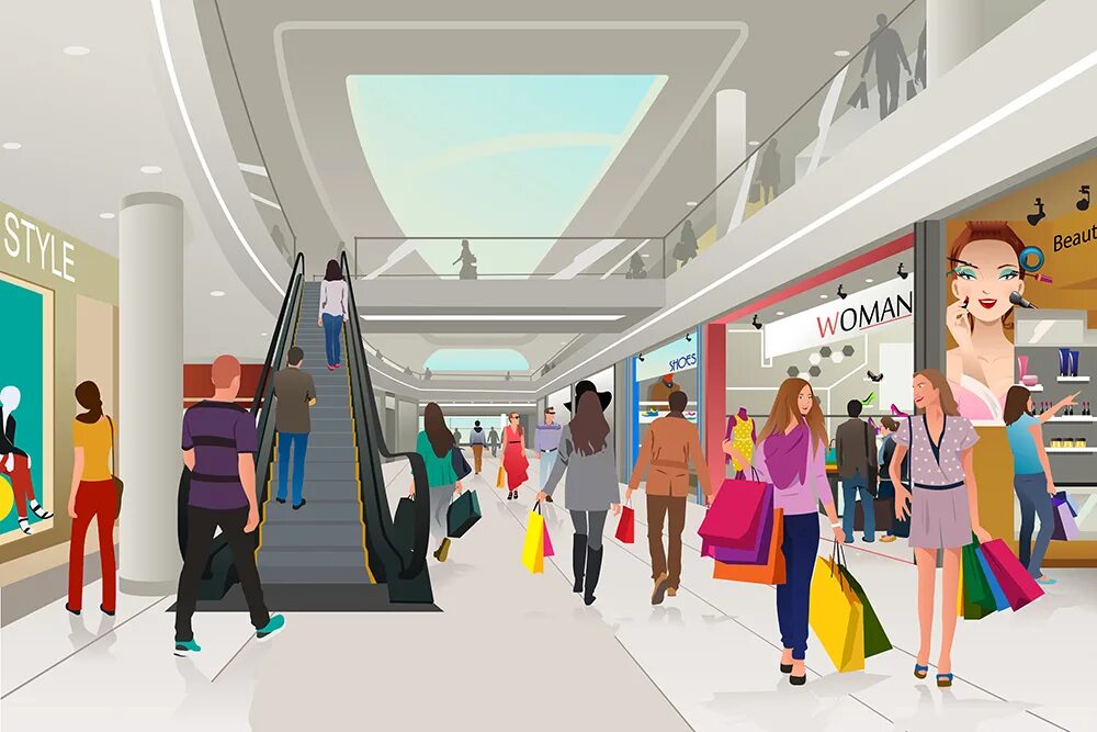 Торговый центр по английски. Торговые комплексы иллюстрация. Иллюстрация с людьми в торговом центре. Шопинг в торговом центре рисунок. Магазин одежды иллюстрация.