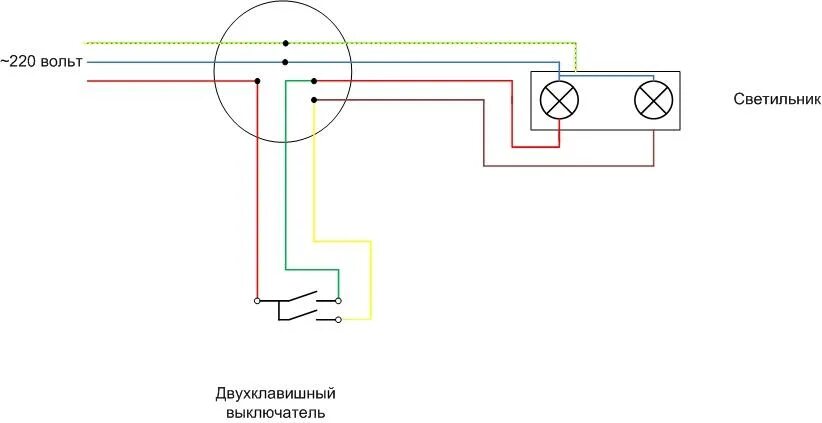 Двухклавишный выключатель схема подключения. Схема подключения двухклавишного выключателя с 4 проводами. Схема подключения двухклавишного выключателя на 2 лампочки. Схема двойного выключателя на 2 лампочки двухжильным проводом.