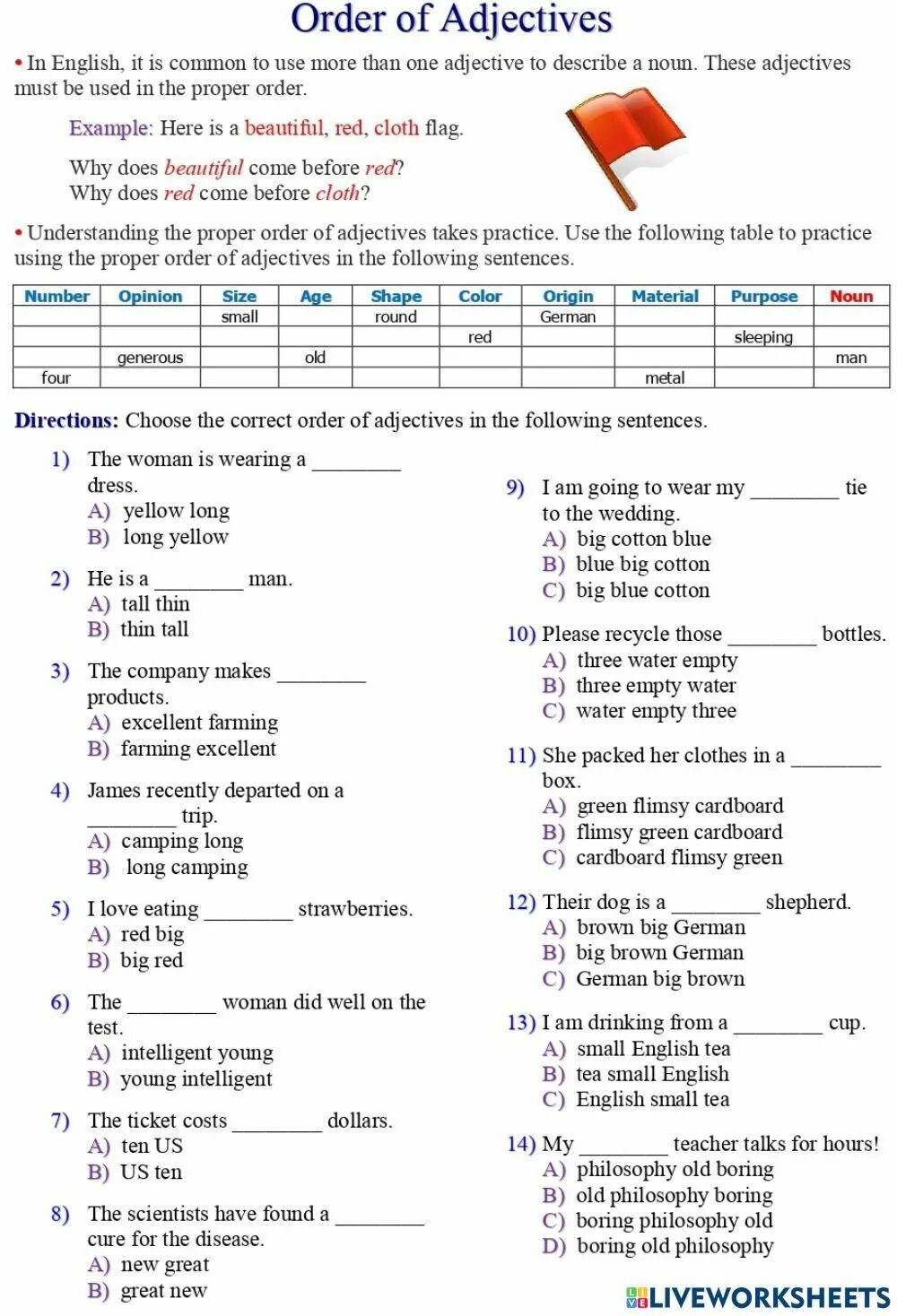 Order org. Order of adjectives in English Worksheets. Adjectives order of adjectives. Position and order of adjectives упражнения. Order of adjectives Test.