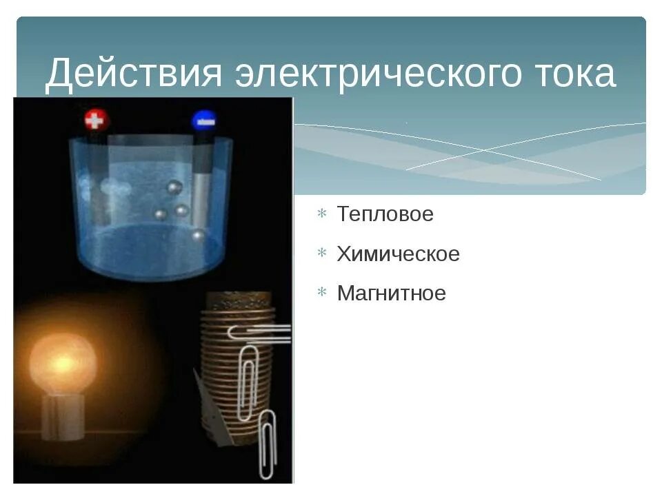 Действия тока физика примеры. Тепловое химическое и магнитное действие тока. Действие тока тепловое химическое магнитное таблица. Действия электрического тока тепловое химическое магнитное 8 класс. Химическое действие электрического тока.