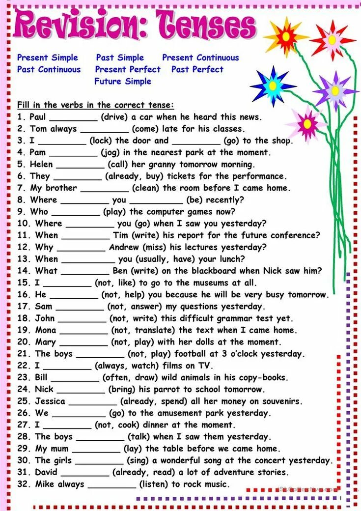 Present continuous revision. Грамматика Tenses Worksheet. Грамматика revision of Tenses. Grammar Tenses exercises. Английский present Tenses упражнения.