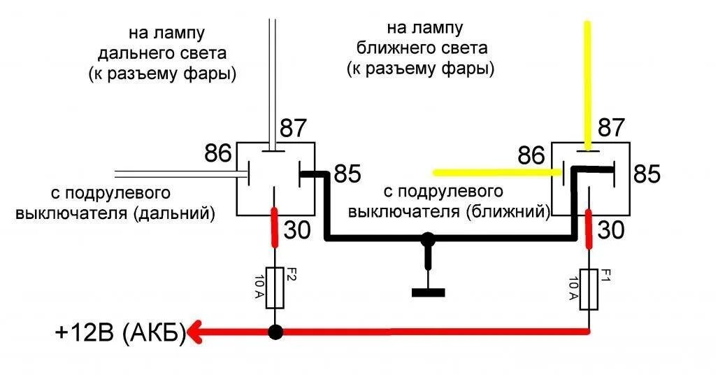 Подключение реле дальнего света