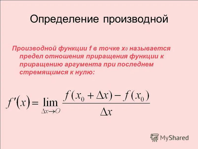 Приращение аргумента x. Производные функции в точке. Производная функции это отношение приращения. Предел и производная функции. Определение производной функции y f x.