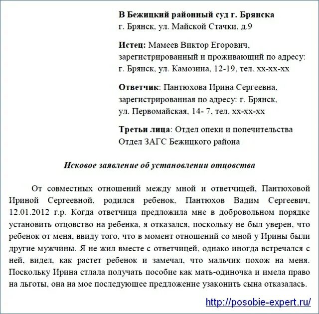 Подала в суд на установление отцовства. Исковое заявление в суд об установлении отцовства образец. Образец заявления в суд о признании отцовства. Заявление в суд на установление отцовства от отца. Образец искового заявления об установлении отцовства.