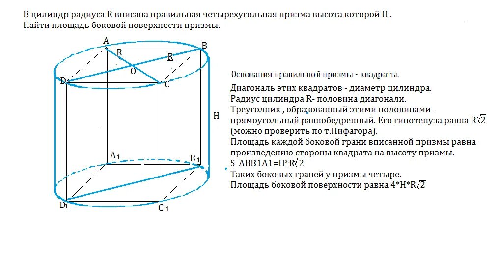 Найти площадь вписанной в цилиндр. В цилиндр вписана правильная четырехугольная призма. цилиндр вписан в правильную четырезугольныю пртзву. четырехугольная призма вписанная в цилиндр. вписанная правильная четырехугольная призма.