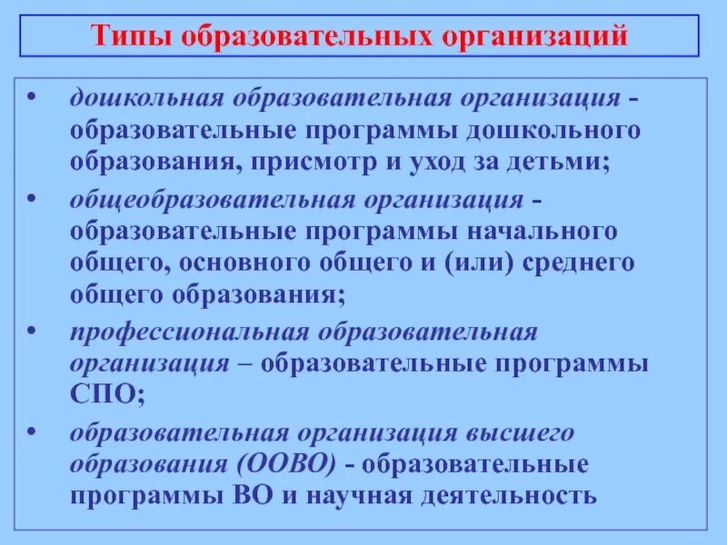 Основные типы образовательных организаций