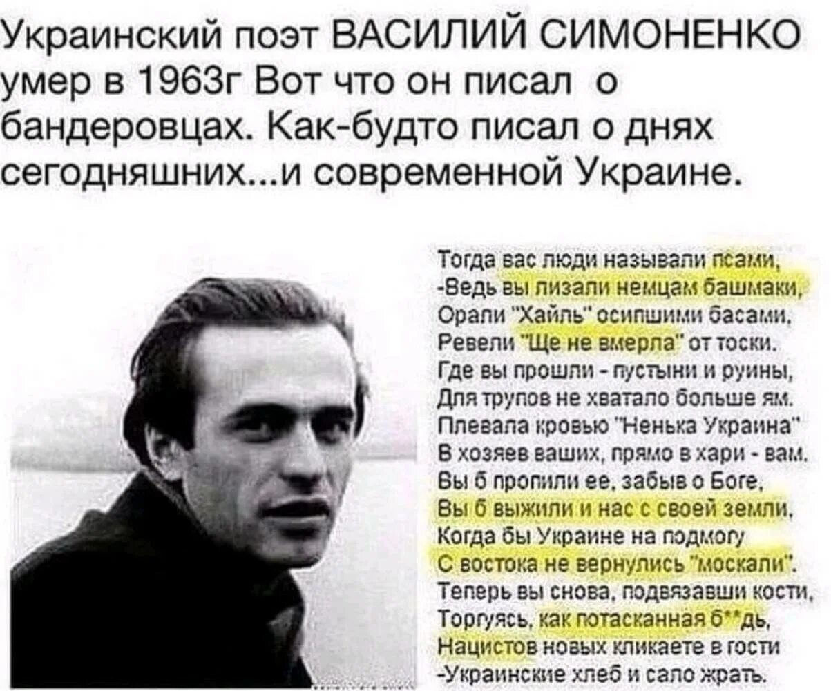 Подлости хохлов. Украинский поэт Симоненко. Украинский поэт Симоненко о бандеровцах.