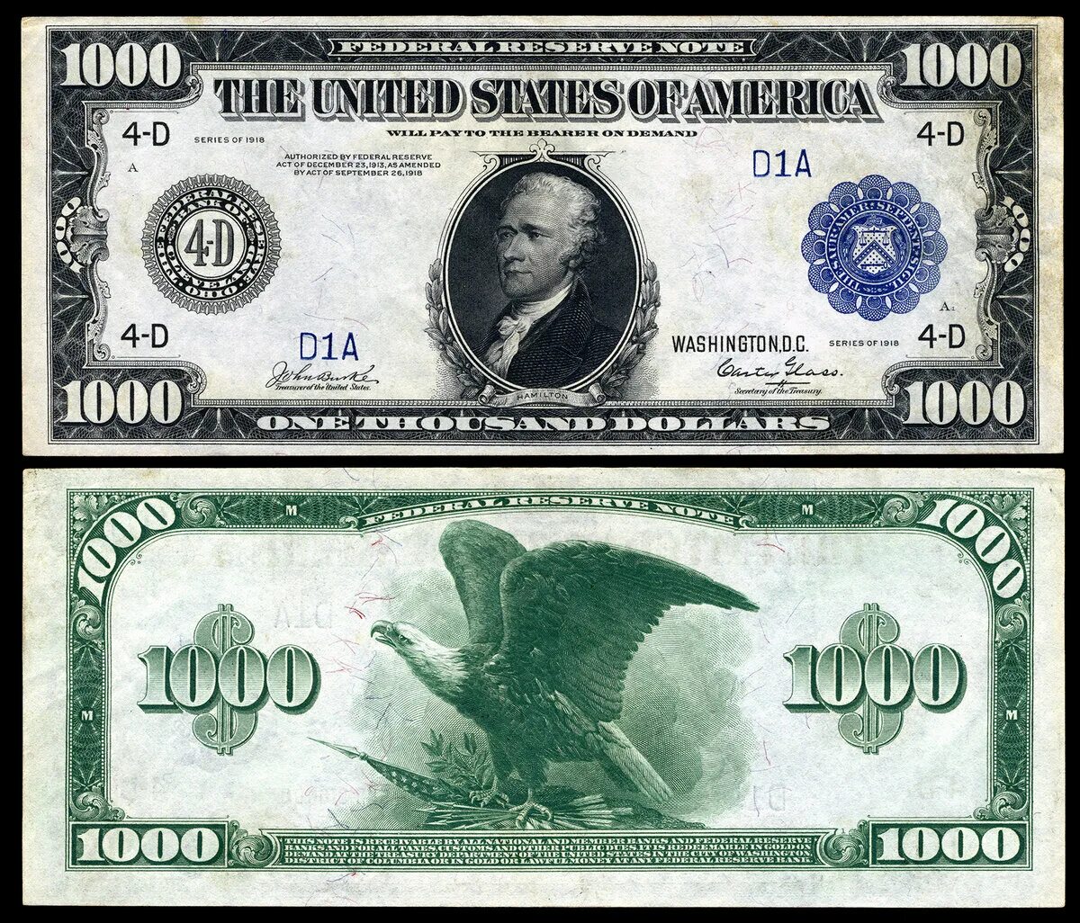 Купюры доллара номиналы. Банкноты 1000 долларов США. 1000 Долларовая купюра 1918 года. Банкноты 10000 долларов США. Доллар купюра с двух сторон.