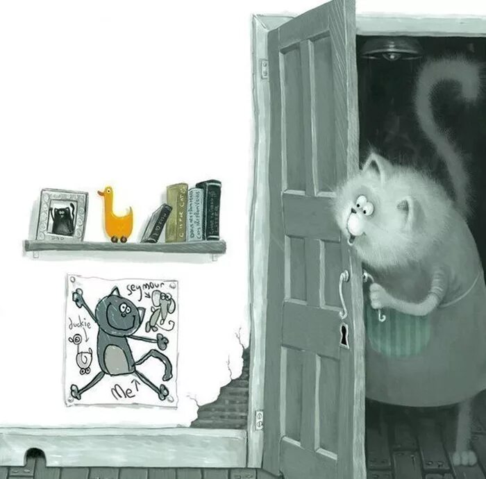 Открывает утром двери. Художник Rob Scotton. Доброе утро дверь. Кот заглядывает в дверь рисунок. Кот на двери рисунок.