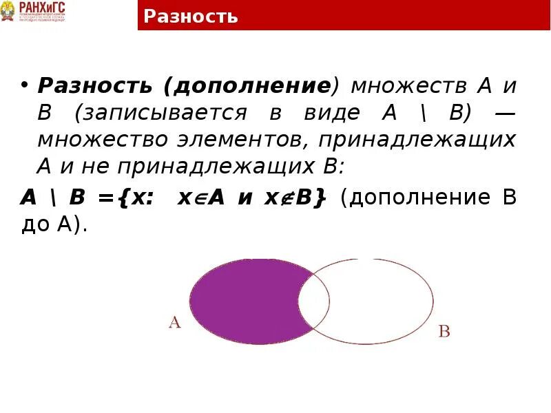 A/B множества. Разность и дополнение множеств. A X B множества. Множество a \ множество b.