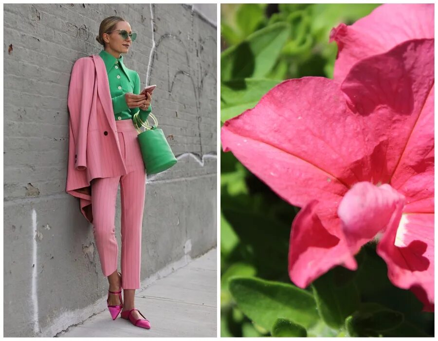 Сочетание цветов в одежде 2024 для женщин. Сочетание розового и зеленого в одежде. Салатовый с розовым в одежде. Фуксия и зеленый в одежде. Сочетание с фуксией в одежде.