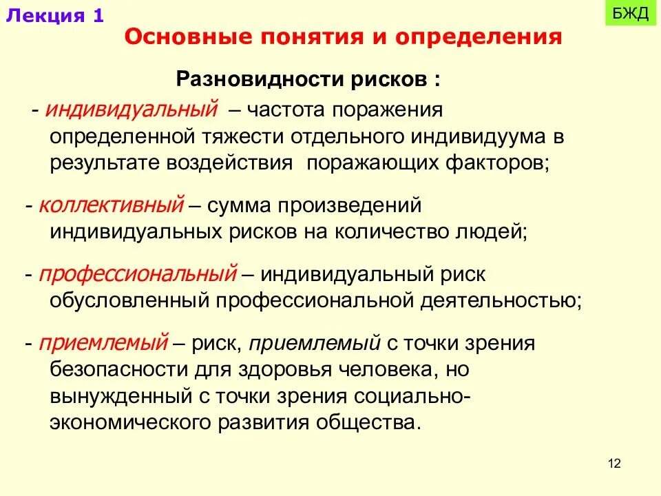 Безопасность деятельности определяется. Примеры риска БЖД. Понятие минимального риска БЖД. Виды рисков БЖД. Понятие и виды риска БЖД.