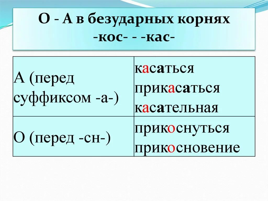 Корни с чередованием КАС кос правило. Чередующиеся гласные в корне кос кас