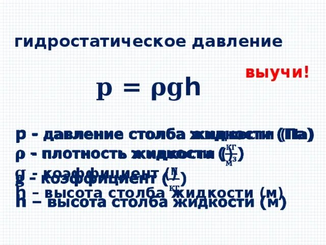 Формула гидростатического давления жидкости. Формула гидростатического давления жидкости 7 класс. Давление столба жидкости гидростатическое давление. Формула расчета гидростатического давления. Изменение гидростатического давления