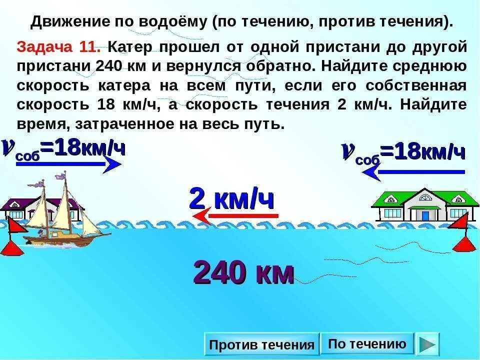 Движение по воде 5 класс. Задачи по течению и против течения. Задачи на течение и против течения. Задачи на движение по реке. Задачи на течение реки.