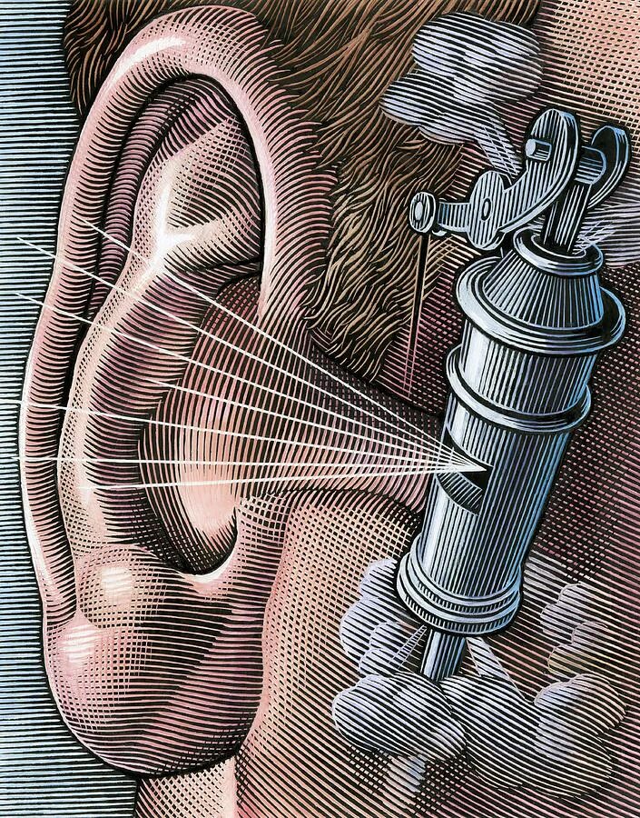 Звук шума в голове. Тиннитус. Шум в ушах иллюстрации.