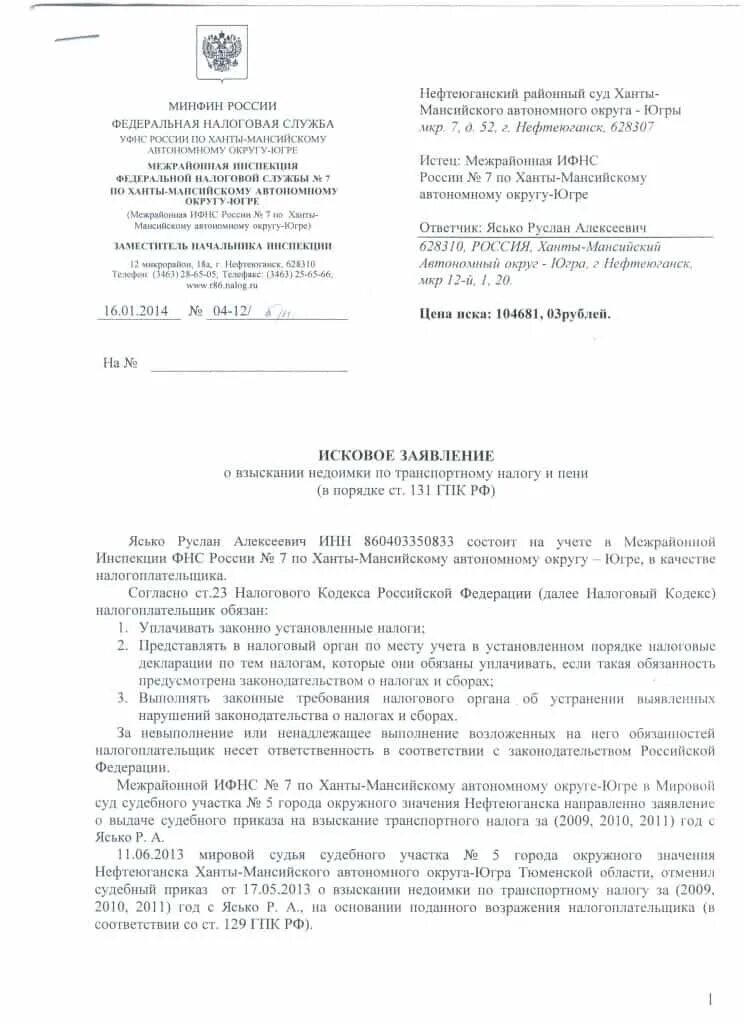 Иск о взыскании с налоговой