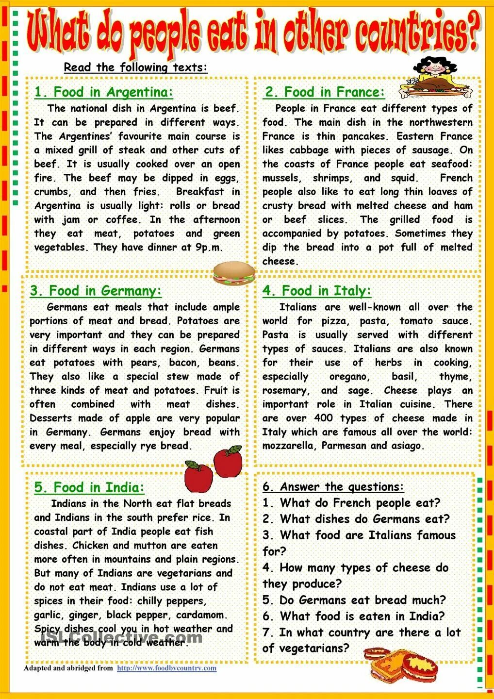 Food reading Worksheets. Food texts for reading. Text about food for Kids. Food reading Comprehension.