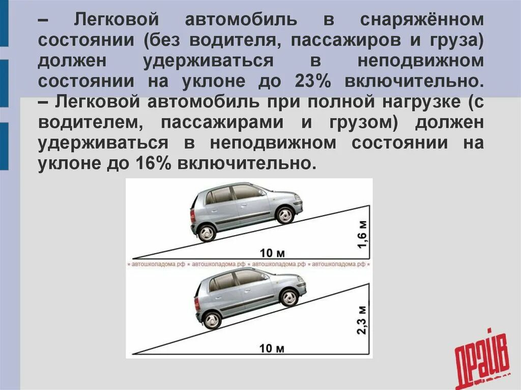 Автомобиль на уклоне. Неподвижное состояние автомобиля в снаряженном состоянии на уклоне. Полная нагрузка и снаряженное состояние автомобиля. Стояночная тормозная система на уклоне. Какова должна быть максимальная