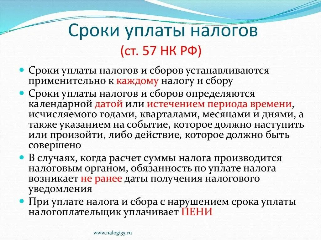 Сроки уплаты налогов нк рф