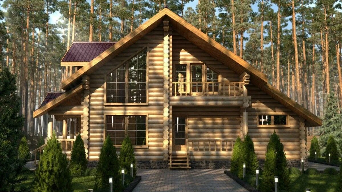 Стоят три дома деревянный. Дом из оцилиндрованного бревна. Визуализация сруба. Проектирование деревянных домов из бревна. Коттеджный поселок с домами из бревна.