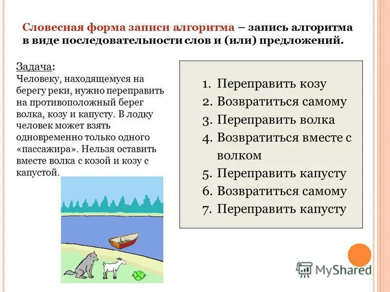 Словесный алгоритм. Словесный алгоритм. Соедини словесную форму записи. Соедини словесную форму записи. Задача про козу капусту.
