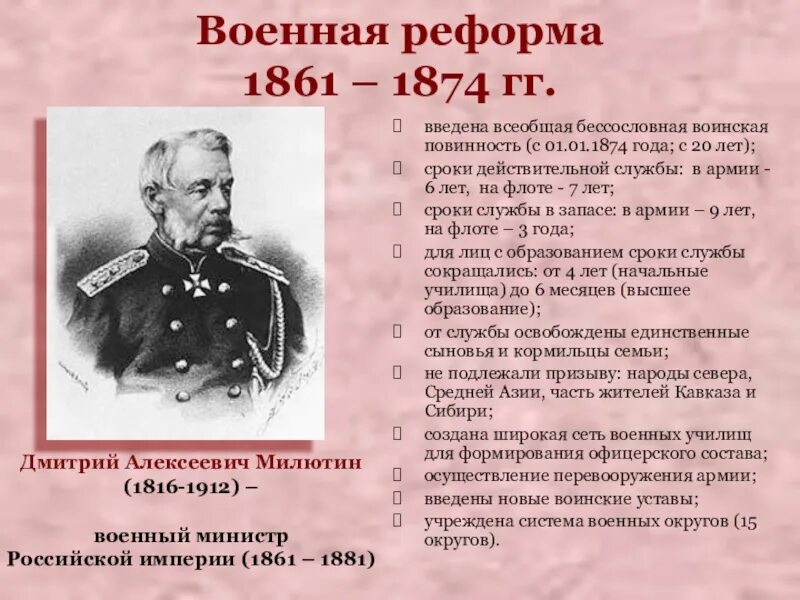 Реформы 19 века кратко. Милютин Военная реформа 1874. Автор военной реформы 1874. 1874 Всеобщая воинская повинность д а Милютин. Военная реформа 60-70 годов.