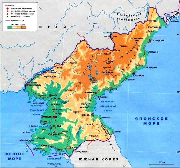 Физическая карта Северной Кореи. Рельеф КНДР карта. Географическая карта Северной Кореи. Физическая карта корейского полуострова.