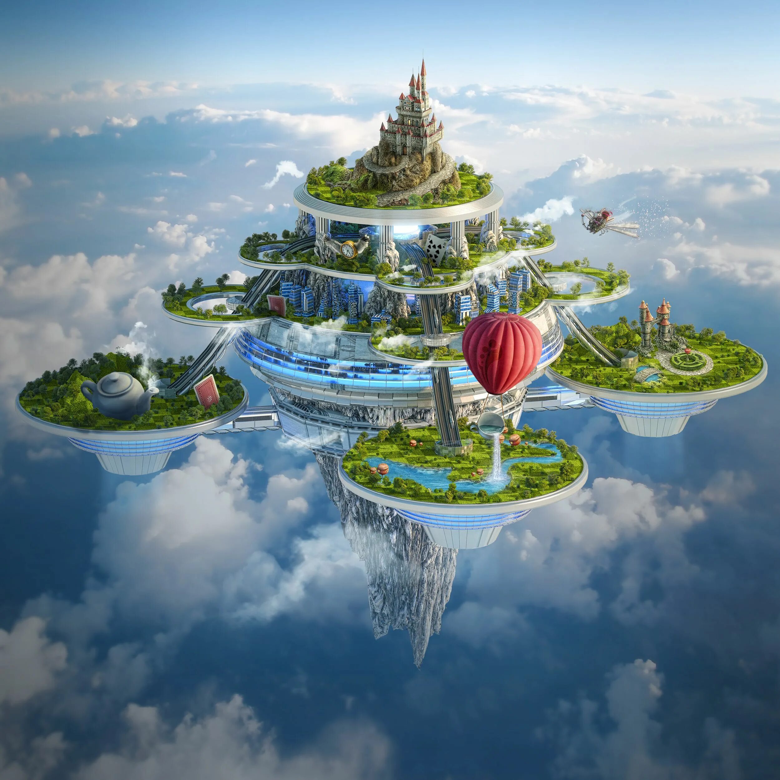 Floating island. Летающий город. Фантастический город. Город будущего.