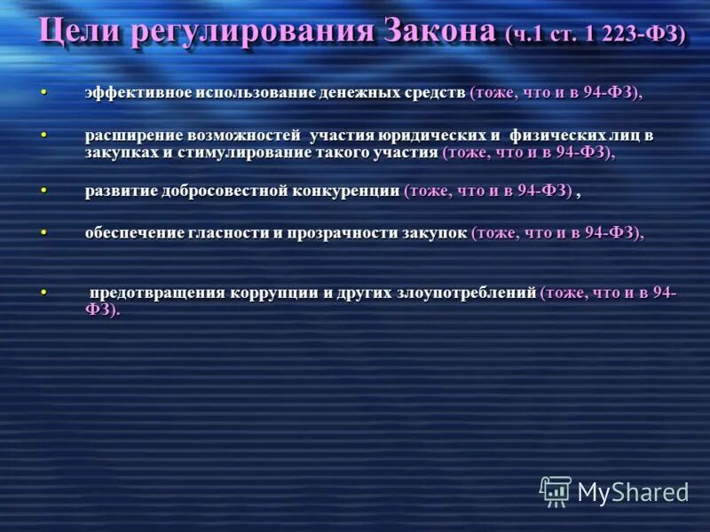 Изменение закона 4468 1. Цели 223 ФЗ. Цели регулирования. Цели регулирования ФЗ 223. Что регулирует закон 223 ФЗ.