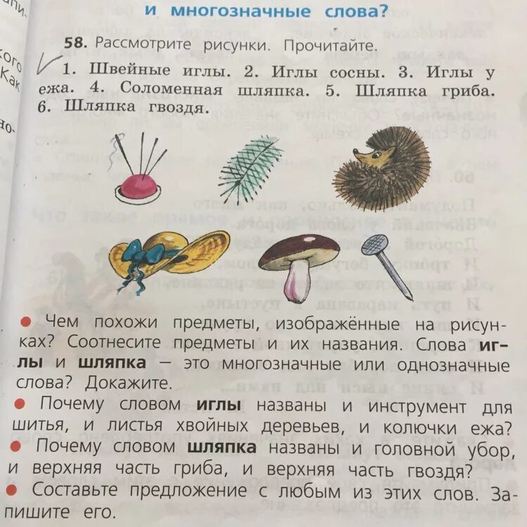 Запишите три многозначных слова. Предложения со словами игла. Рассмотрите рисунки. Прочитайте. Предложения со словом игла. Предложение со словом иголка.