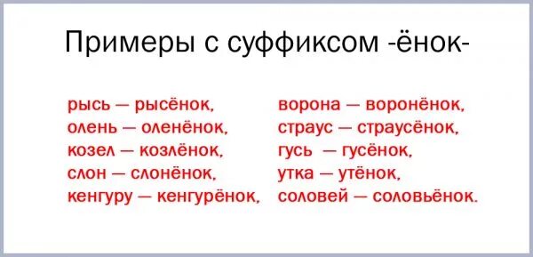 Суффикс слова возьмем. Слова с суффиксом Онок. Слова с суффиксом ОЦОК. Слова с суффиксом ёнок. Слова с суффиксом енок.