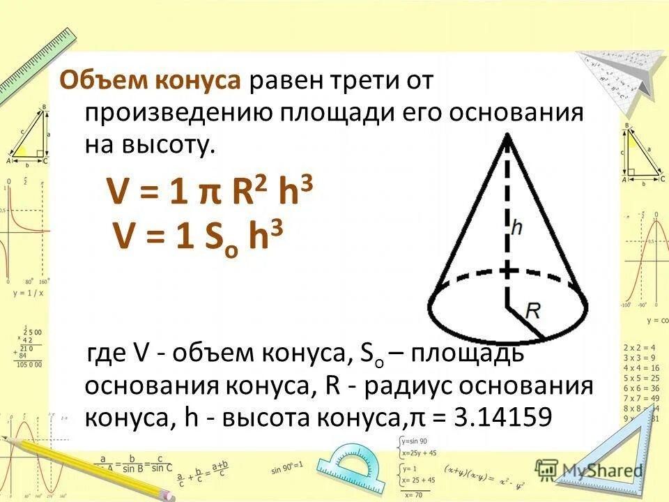 Объем конуса 168. Площадь основания конуса. Объем конуса. Объем конуса равен. Площадь и объем конуса.