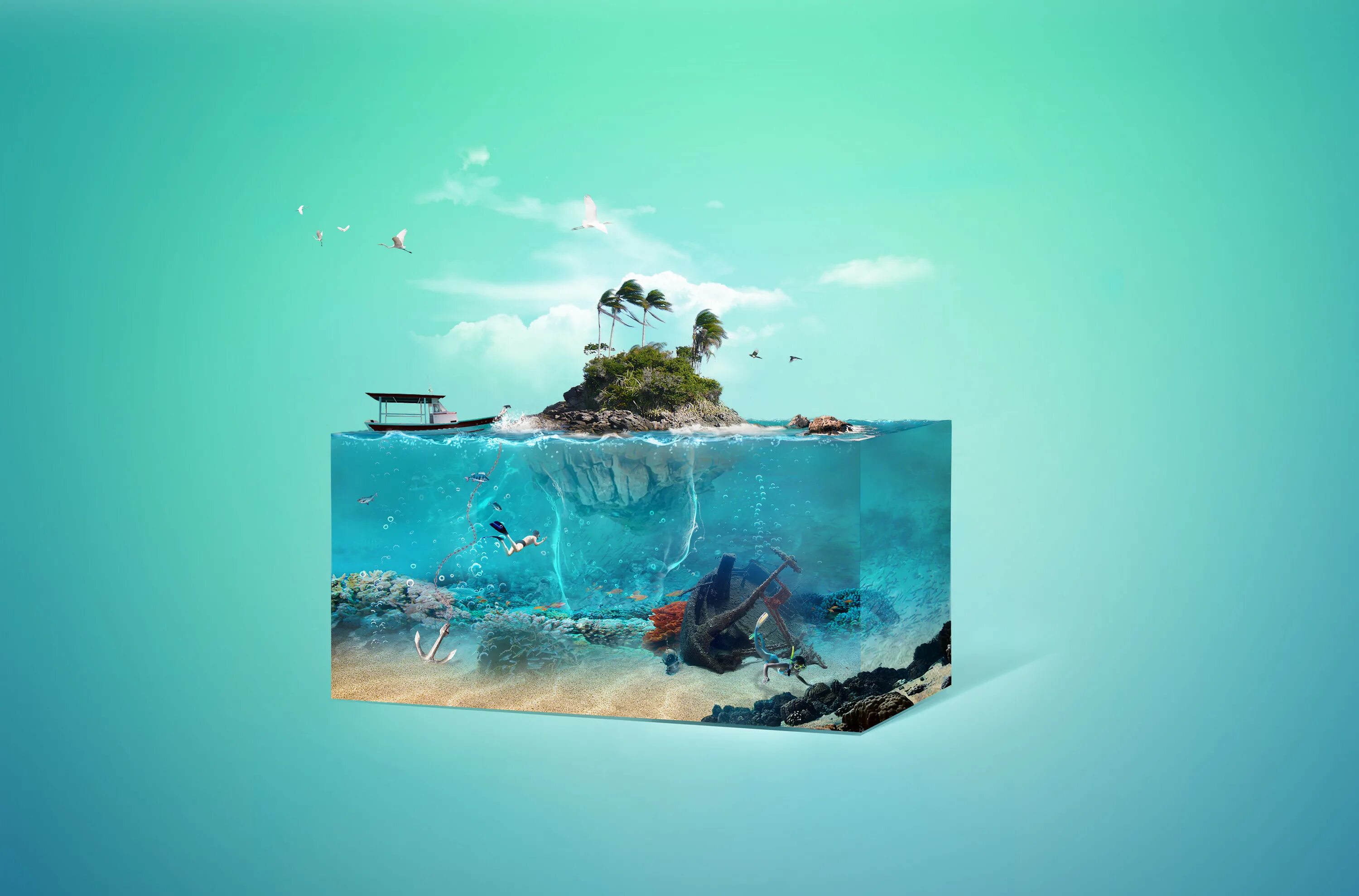 Остров под водой. Креативный рабочий стол. Океан в разрезе. Дно океана. Island вода