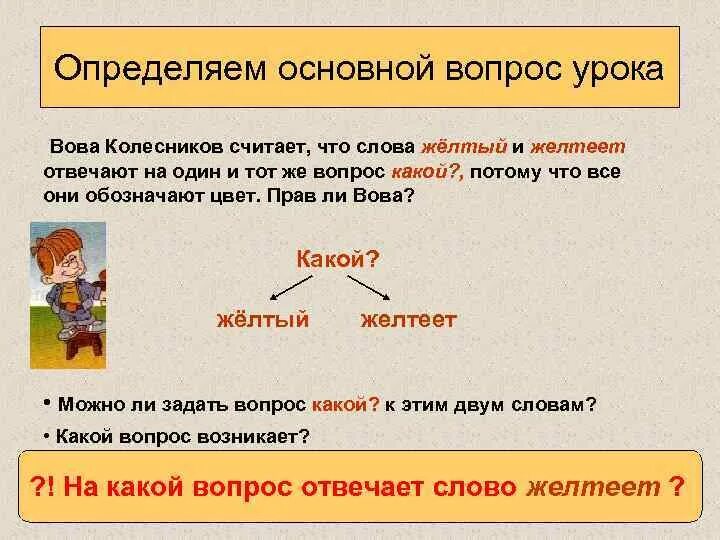 Как отличить основную. На какие вопросы отвечает главное слово. Какой вопрос надо задать главному слову. На какой вопрос отвечает желт. На какой вопрос отвечает слово можно.