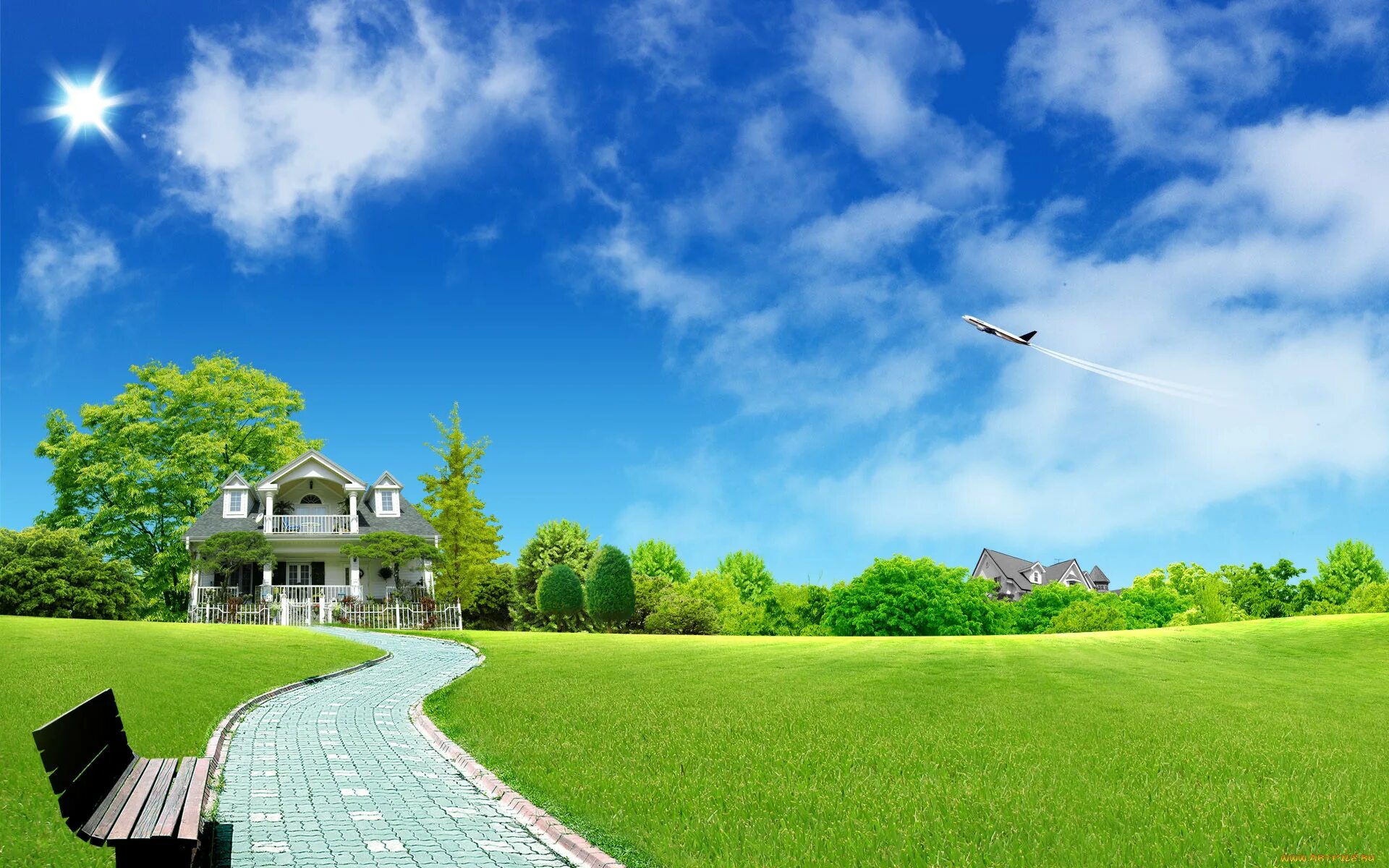 Белые облака и дом. Красивый дом с лужайкой. Домик на лужайке. Фон для визуализации. Загородный дом на фоне неба.