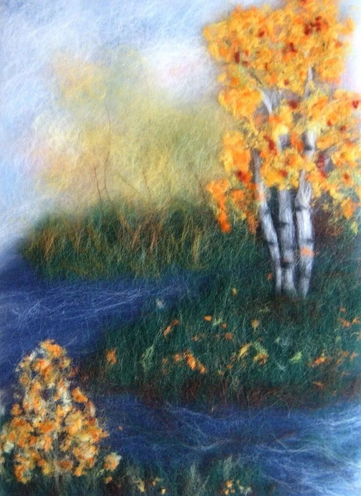 Осенние пейзажи из шерсти. Шерстяная живопись. Осень шерстью. Живопись шерстью. Картины из шерсти.