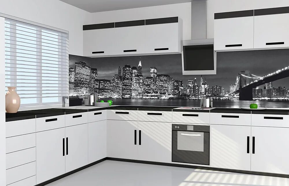 Кухонный фартук (стеновая панель) Манхэттен 1000. Фартук для кухни Манхеттен. Черно белая кухня. Фартук для черно белой кухни. Фартук глянец