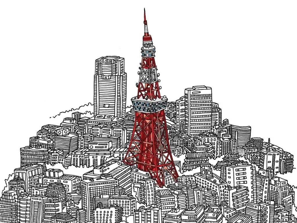 Башня дрю. Башня Токио арт. Огромная башня иллюстрация. Силуэты башен Токио. Токио стилизация.