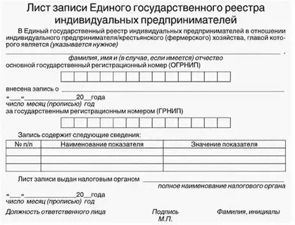 Лист записи о регистрации индивидуального предпринимателя