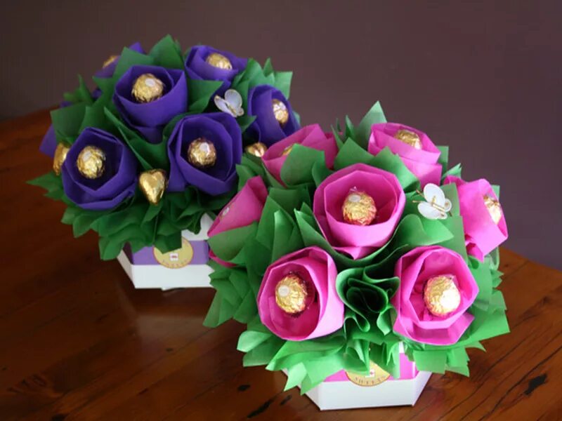 Поделка букет. Цветы с конфетами. Что можно сделать к 8 марту