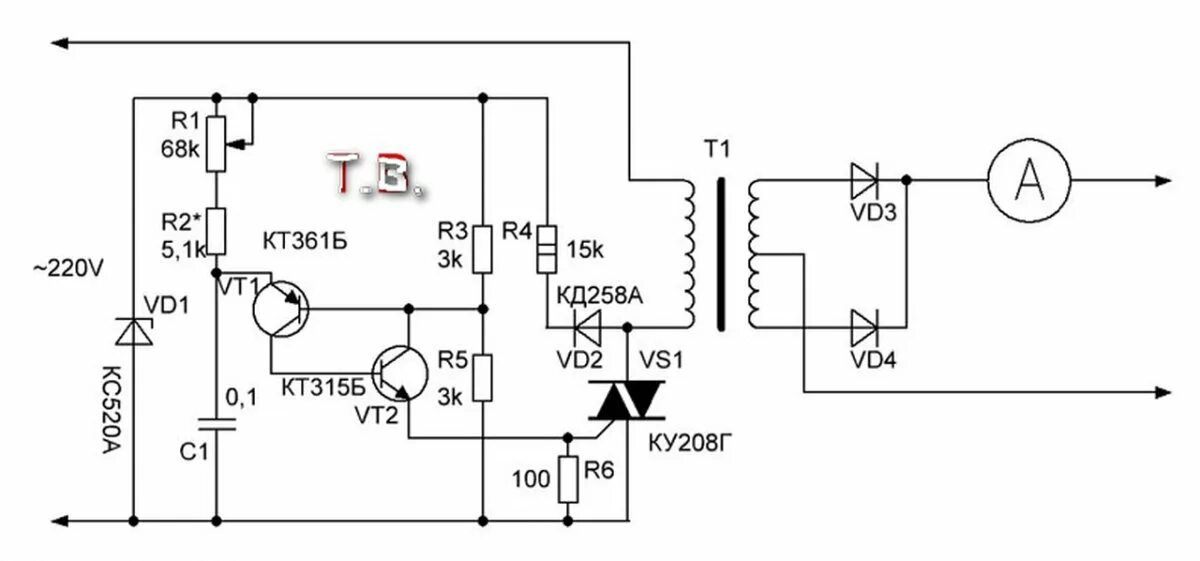 Схема автоматического ЗУ для АКБ автомобиля. Схема зарядного устройства авто аккумуляторов с автоотключением. Схема регулятора тока для зарядки аккумуляторов авто. Схема ЗУ АКБ из реле регулятора. Зарядное регулированное
