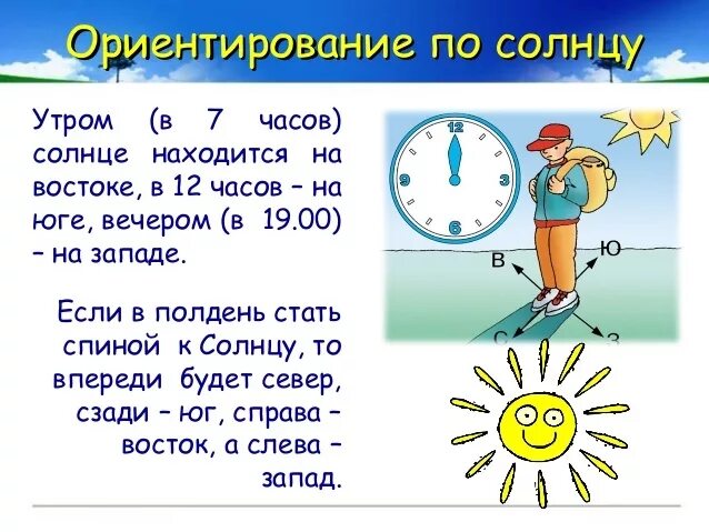 Полдень день как правильно. Где солнце в полдень. Где стоит солнце в полдень. Как определить время по солнцу. Стороны горизонта по солнцу в 7 утра.