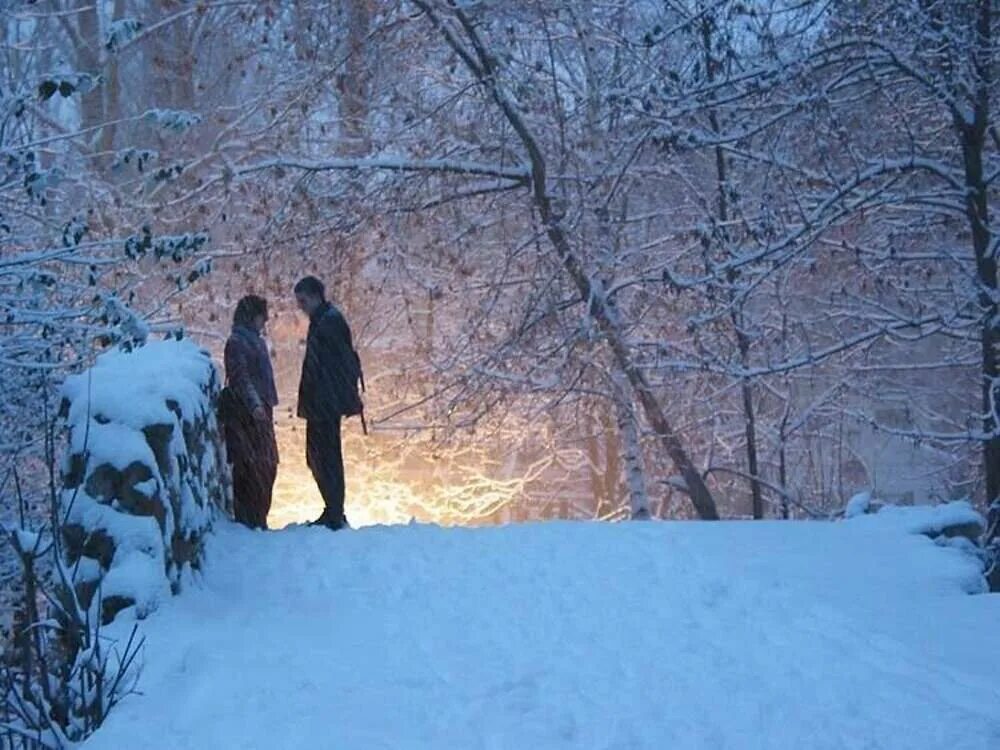 Зимнее свидание. Прогулка в зимнем лесу. Двое зимой. Зимние встречи. И увидела падает снег