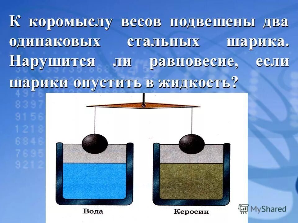 Алюминиевый и стальной шары имеют одинаковую массу. Коромысло весов. К коромыслу весов подвешены. К коромыслу весов подвешены два. Нарушится ли равновесие весов.