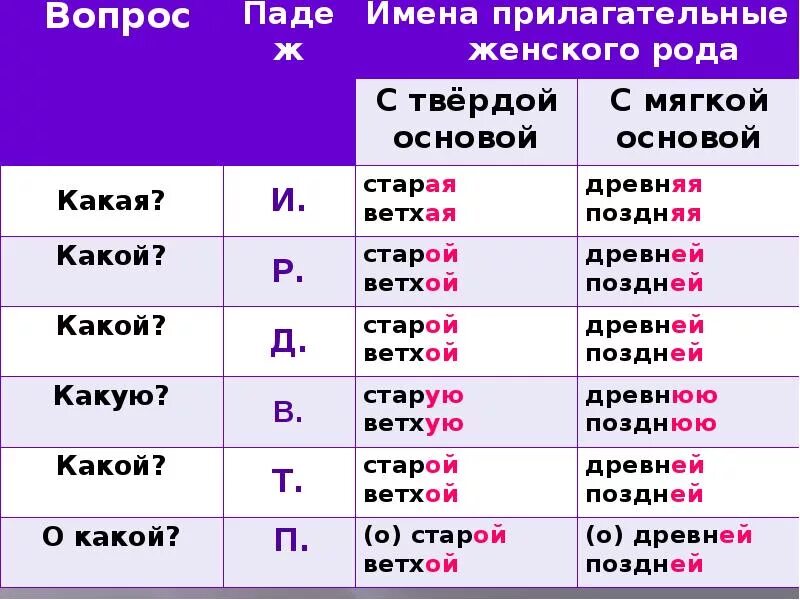 Сильный мороз падеж прилагательного. Склонение имен прилагательных женского рода в единственном числе. Падежные окончания имен прилагательных в единственном числе. Падежные окончания прилагательных женского рода единственного числа. Склонение имени прилагательного женского рода в единственном числе.