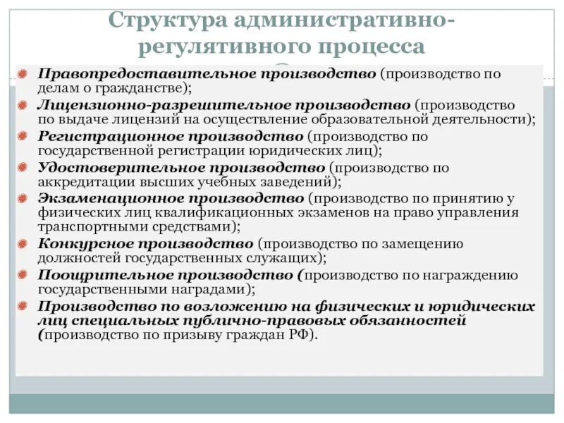 Основы административного производства. Структура административного производства. Структура административно-регулятивного процесса. Виды регистрационных производств. Структура административного процесса.