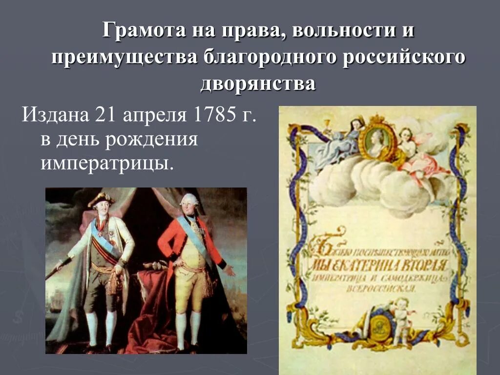 Дарование жалованной грамоты городам год. Манифест о вольности дворянства 1785.