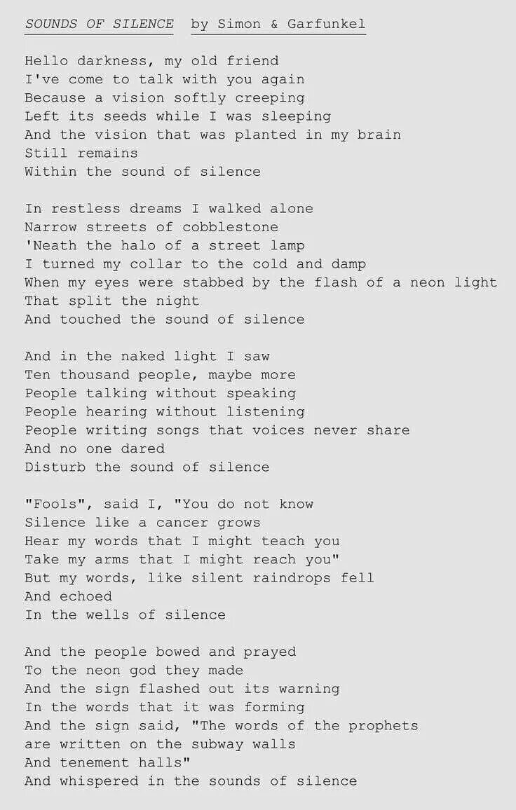 Ин мидл найт песня. Sound of Silence текст. Текст песни the Sound of Silence. Песня the Sound of Silence. The Sound of Silence Simon Garfunkel текст.